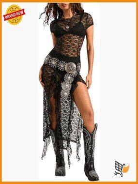 Sheer Lace Y2K Goth Going Out Summer Dress Festival Country Concert Rave